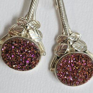 VTG NWT 925 Silver Purple Pink Druzy Drop Ornate Earrings
